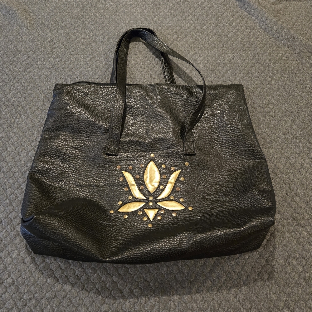 Black Faux‑Leather Tote Bag with Goldtone Floral Stud Embellishment – 18" x 14"